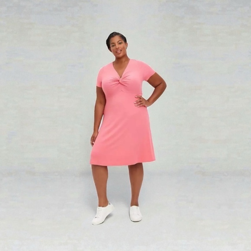 Torrid Coral Twist Front Casual Ribbed MIDI Dress Size 1X Short Sleeve V Neck